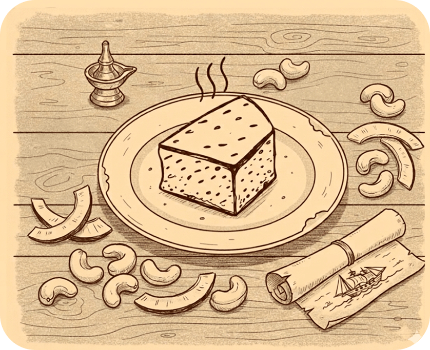 Traditional Kalthappam rice cake served on a plate with cashews and coconut slices